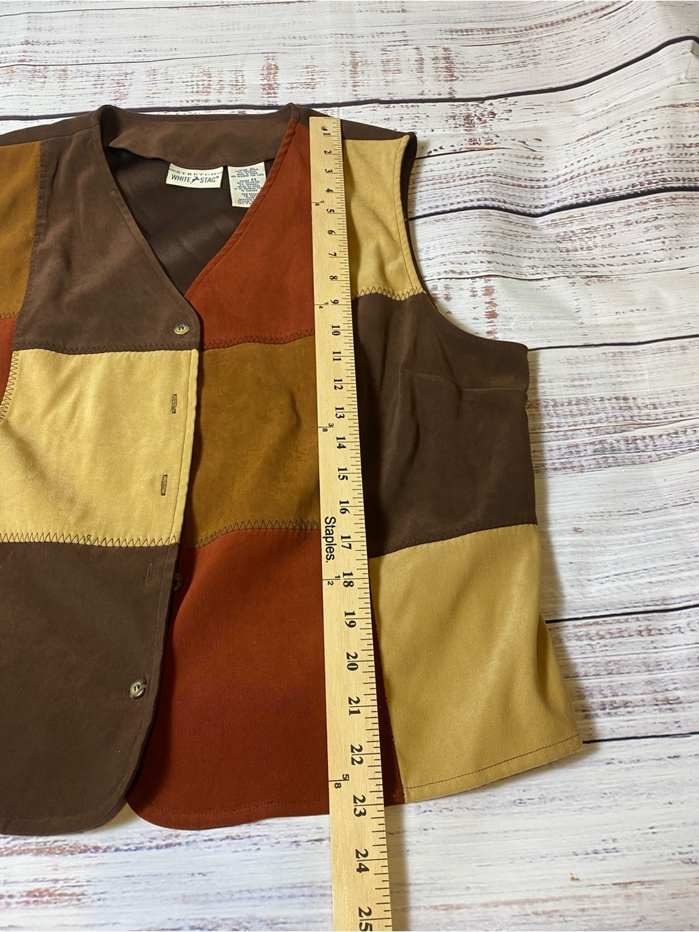 Vintage Y2K White Stag Patchwork Suede Leather Vest in Brown, Rust & Tan - Picture 4 of 5